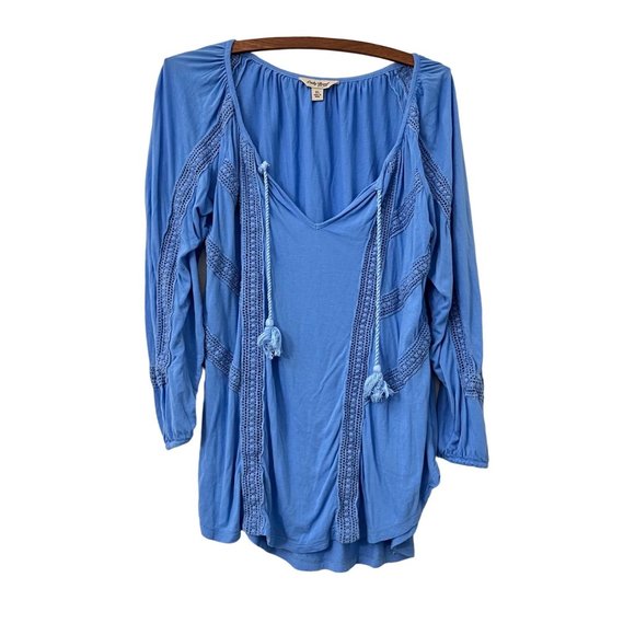 Lucky Brand Womens Blue Crochet Tassel Peasant Boho Blouse Size XLarge - Picture 1 of 7
